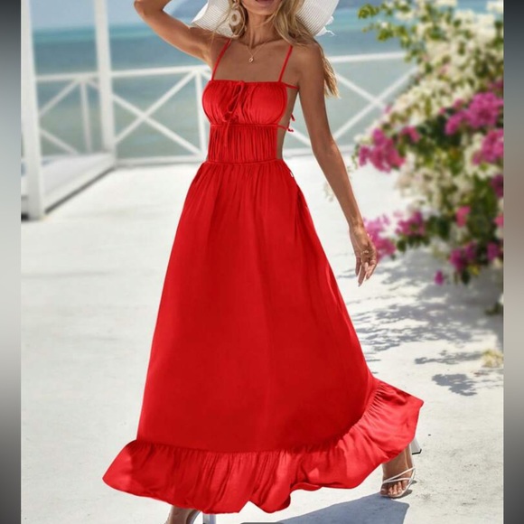 Boho square neck backless strappy ruffle maxi dress green - Picture 5 of 6